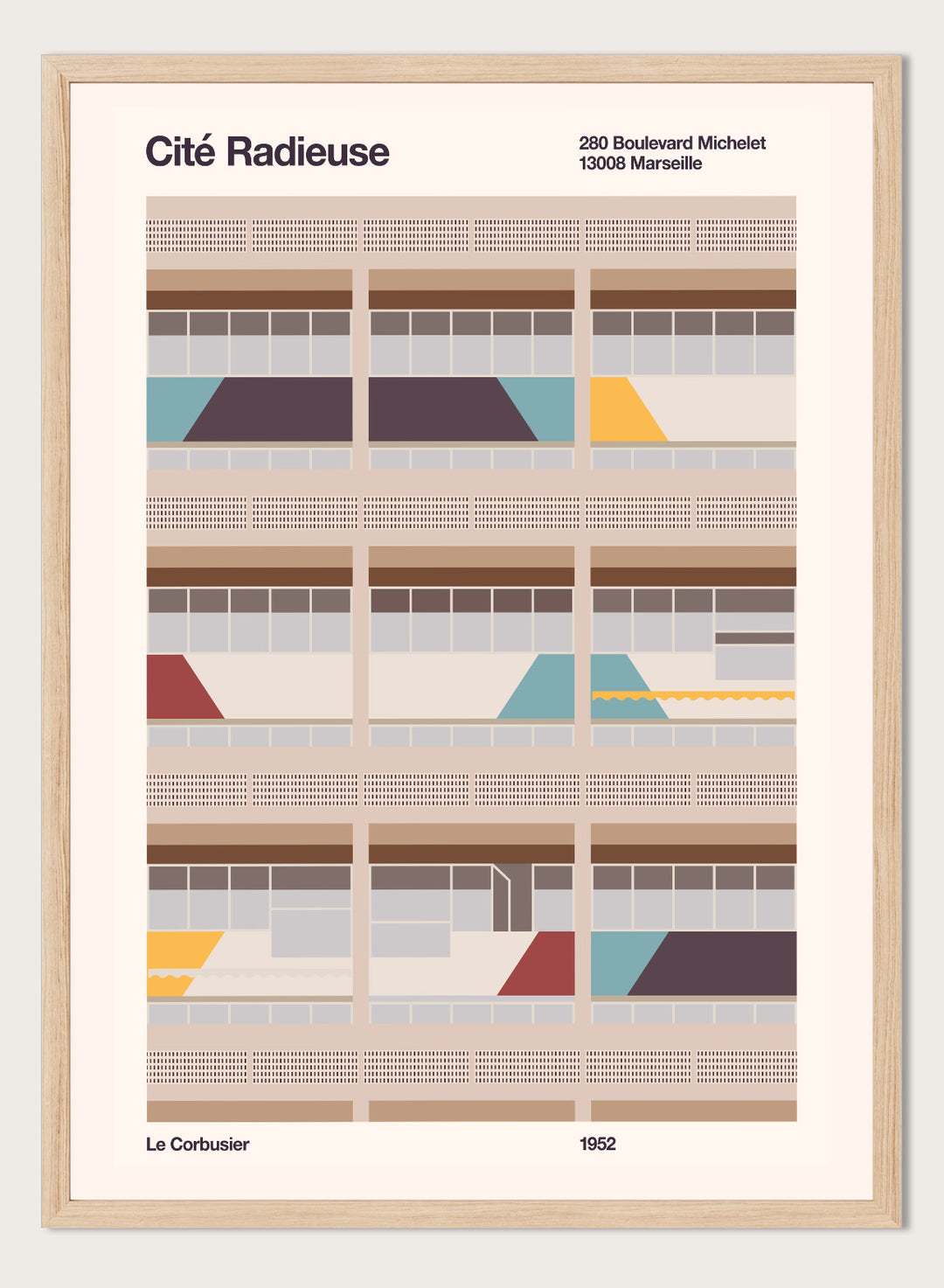 Illustration of a Bauhaus modernist building with geometric design, featuring text and Le Corbusier's name.Colorful Geometric Facade by Florent Bodart is a modern architectural art print with geometric building shapes and color blocks, a minimalist wall poster.