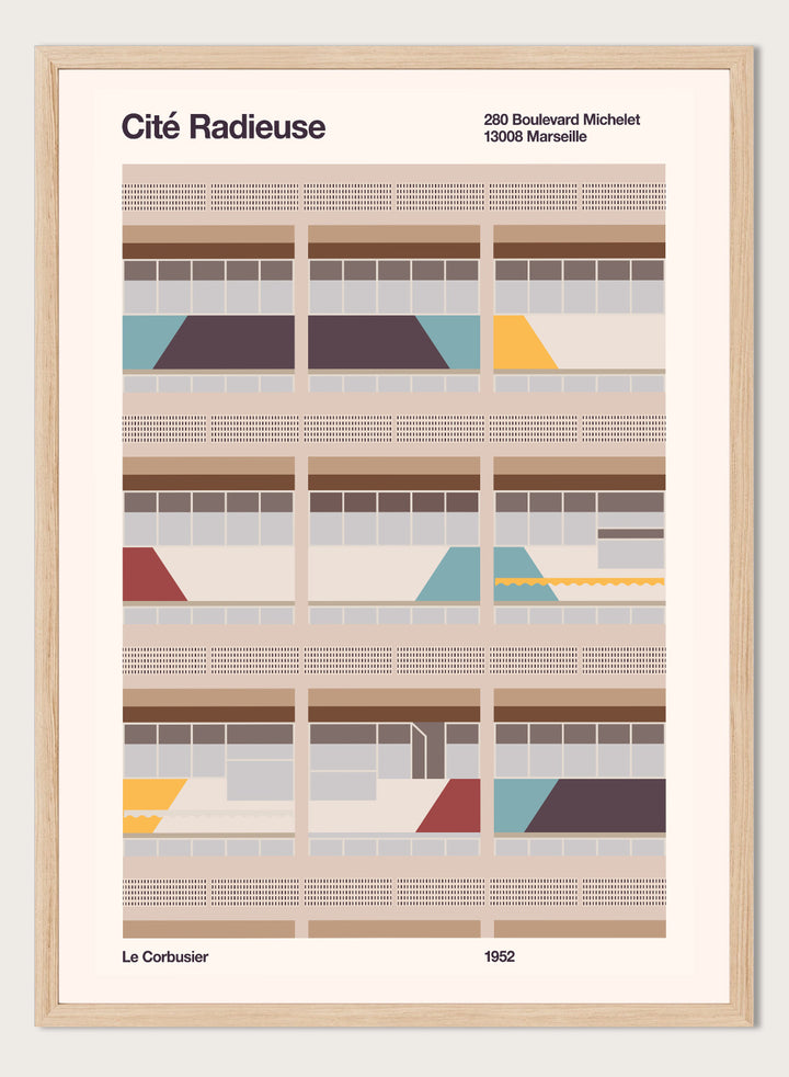 Illustration of a Bauhaus modernist building with geometric design, featuring text and Le Corbusier's name.Colorful Geometric Facade by Florent Bodart is a modern architectural art print with geometric building shapes and color blocks, a minimalist wall poster.
