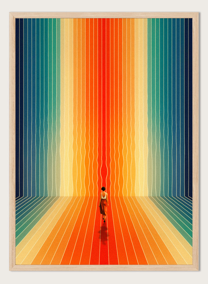 Artistic depiction of a person standing in a colorful, vertically striped space. Here I Come by Taudalpoi surreal retro sci-fi corridor art print with colorful perspective lines and lone figure, cosmic vintage style poster wall art.