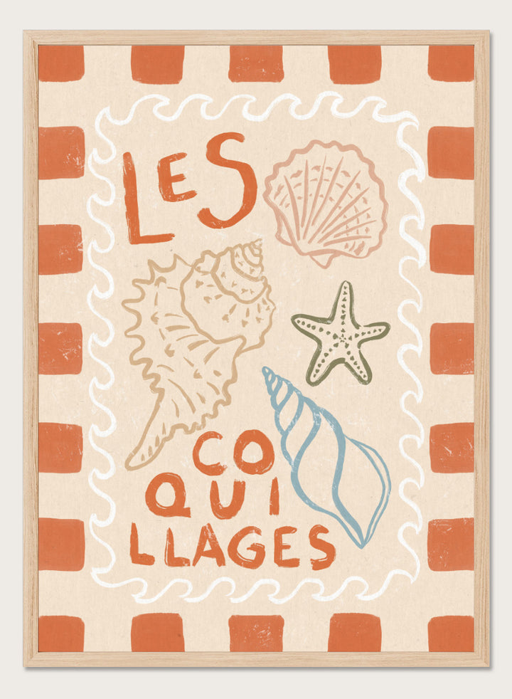 A square decorative print or card with the French text “LES COQUILLAGES” in orange lettering, surrounded by illustrated seashells and a starfish on a cream background with an orange-and-white check border. Rustic French Seashells by Katarzyna Gąsiorowska coastal art print with hand-drawn shells, a starfish, French lettering, and terracotta checks.