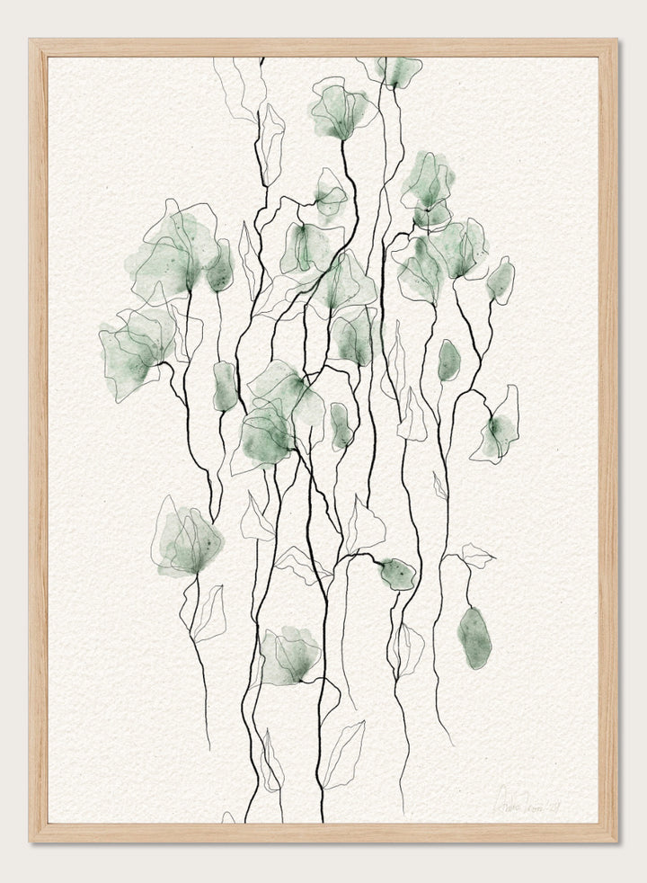 Shop Flowing Green Florals by Ankie Kooi, a botanical wall art print poster with green flowers, watercolor florals, and delicate line art stems.
