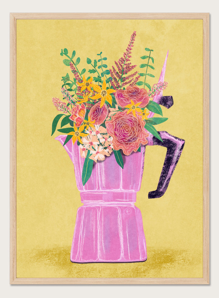 Colorful floral arrangement in a pink vase on a yellow background. Espresso Maker with Flowers by Raissa Oltmanns is a modern floral fine art print featuring a pink moka pot vase still life and bold kitchen wall decor poster.
