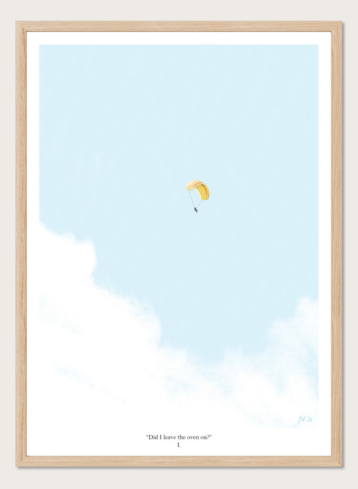 A minimalist art print featuring a light blue sky with white clouds and a small yellow-and-white parachute near the center, framed by a black border with the quote &