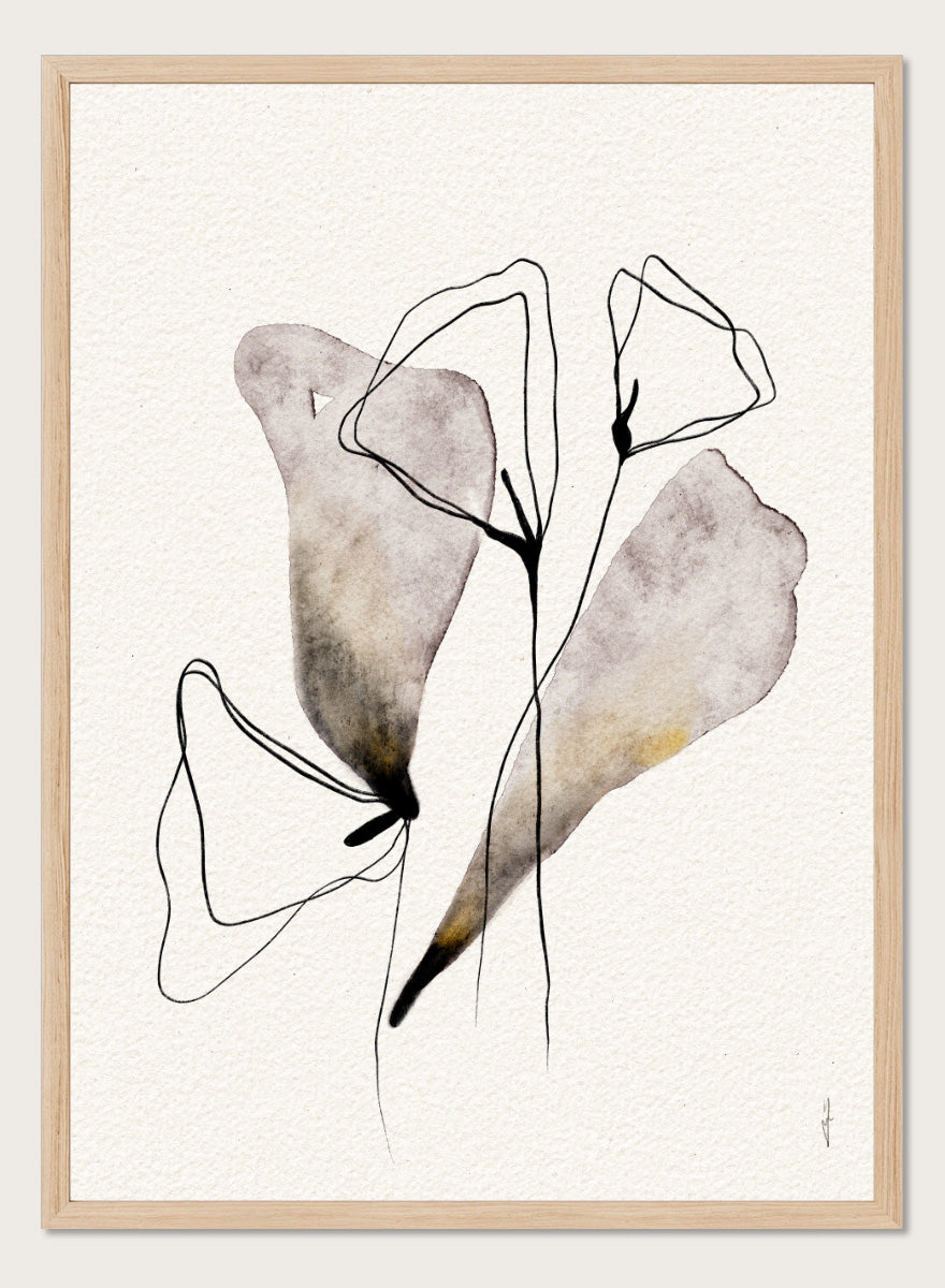 Shop Abstract Watercolor Flora by Ankie Kooi, a modern abstract floral wall art print poster with minimalist flower line art, botanical forms, soft lavender, and muted gold.
