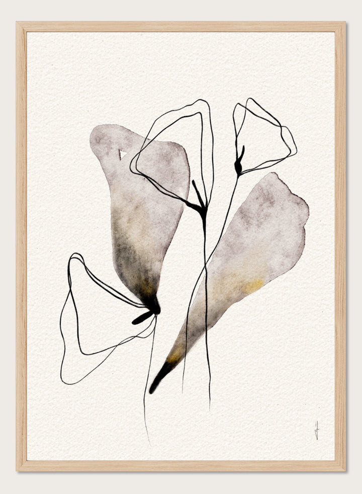 Shop Abstract Watercolor Flora by Ankie Kooi, a modern abstract floral wall art print poster with minimalist flower line art, botanical forms, soft lavender, and muted gold.