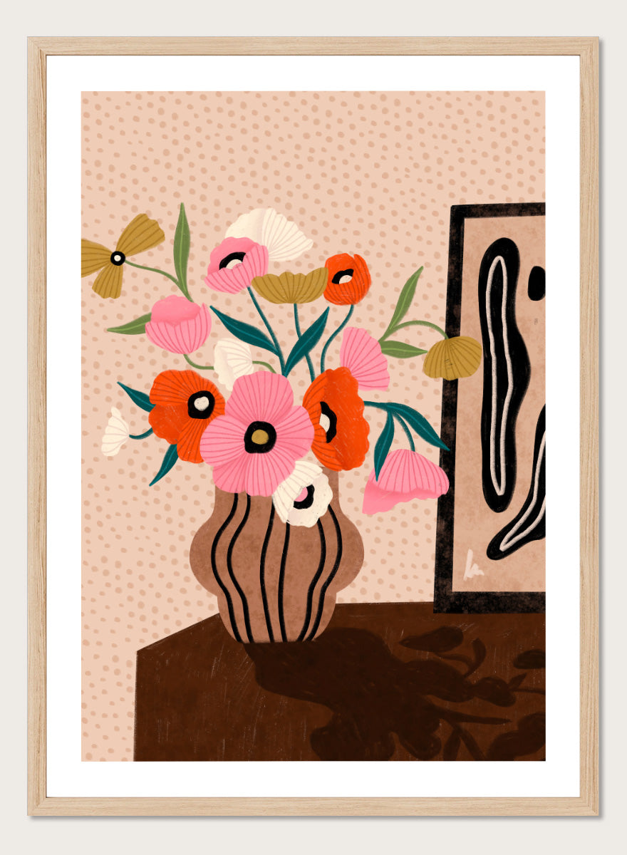 Shop Vibrant Poppy Bouquet by Bea Müller, a floral wall art print poster featuring colorful poppies in a striped vase with bold pink tones and modern still life style.