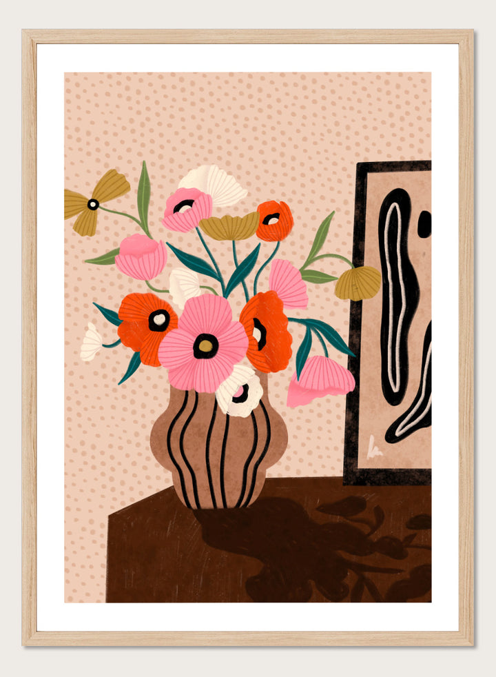 Shop Vibrant Poppy Bouquet by Bea Müller, a floral wall art print poster featuring colorful poppies in a striped vase with bold pink tones and modern still life style.
