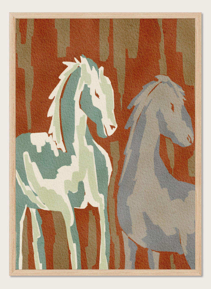 Shop Abstract Forest Horses by Nikita Jariwala, a modern horse wall art print featuring two abstract horses, woodland shapes, and earthy rust, sage, and beige tones.