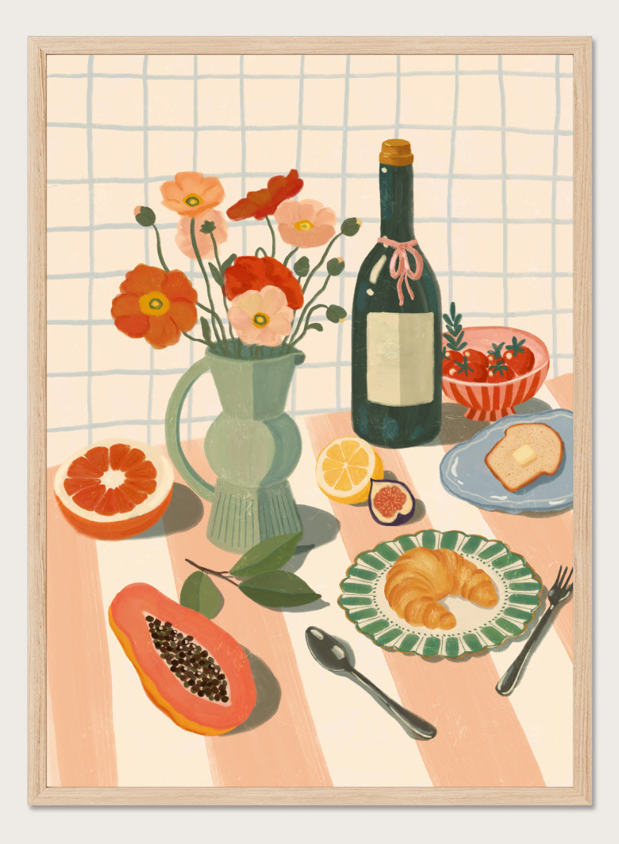 A stylized still life illustration showing a bottle, flowers in a pitcher, fruit, bread, and tableware on a striped surface against a grid background. Colorful Breakfast Still Life by Katarzyna Gąsiorowska art print featuring fruit, flowers, a croissant, and colorful kitchen tableware in soft modern tones.