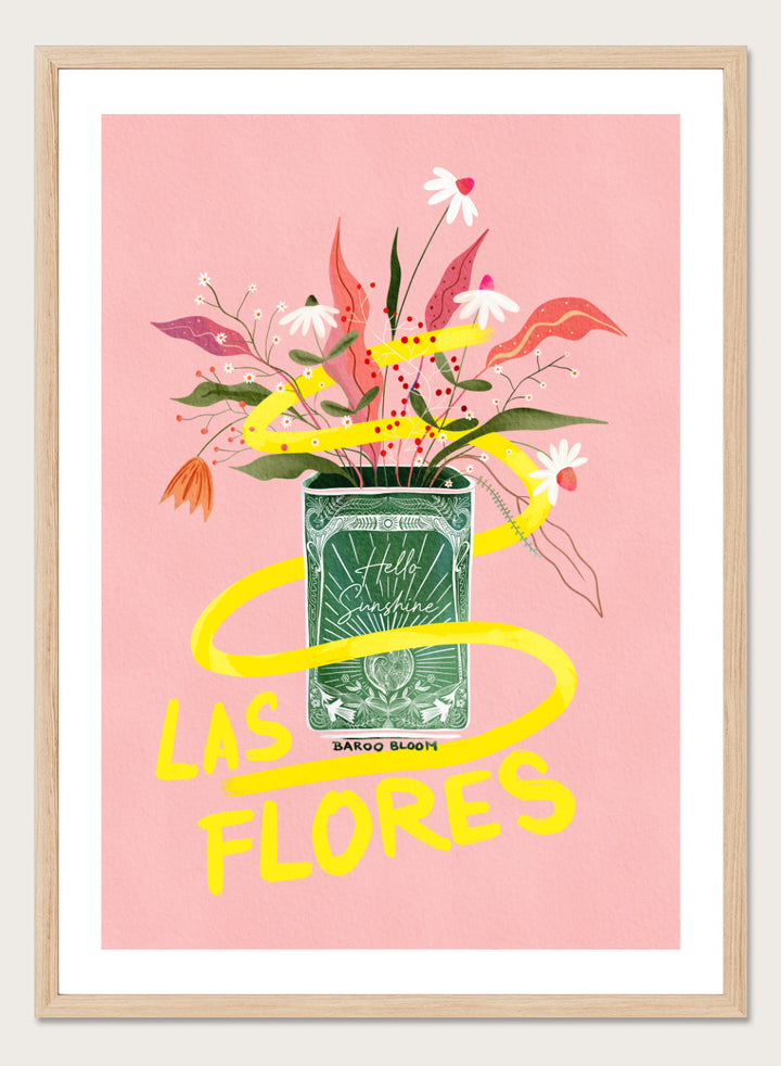 Illustration of a flower arrangement in a can with 'Las Flores' text on a pink background. Las Flores by Baroo Bloom is a colorful floral art print with playful illustration and bold lettering. Officially licensed wall poster with optional framing.