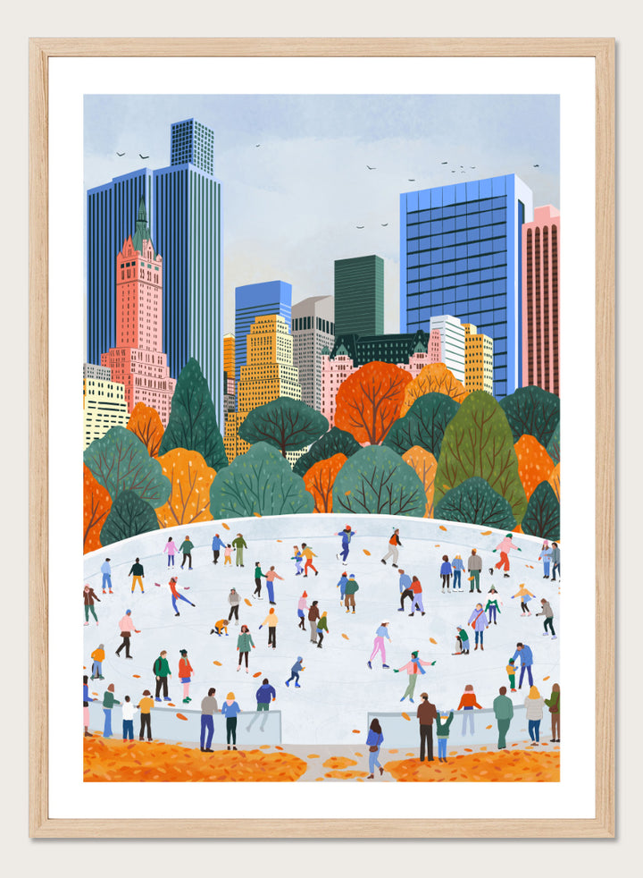 A framed art print depicting a city skyline with autumn trees and a large white ice rink filled with small illustrated people skating. Autumn City Ice Skating by Ceyda Alasar city art print featuring a lively outdoor rink, fall trees, skaters, and a colorful urban skyline.
