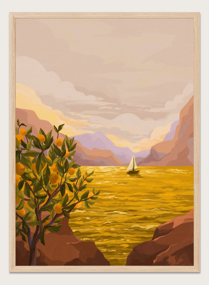Sailing boat on a yellow sea with mountains and lemon tree in the foreground. Golden Sunset by Goed Blauw is a coastal art print and wall poster featuring a sailboat on a glowing ocean with cliffs and an orange tree.