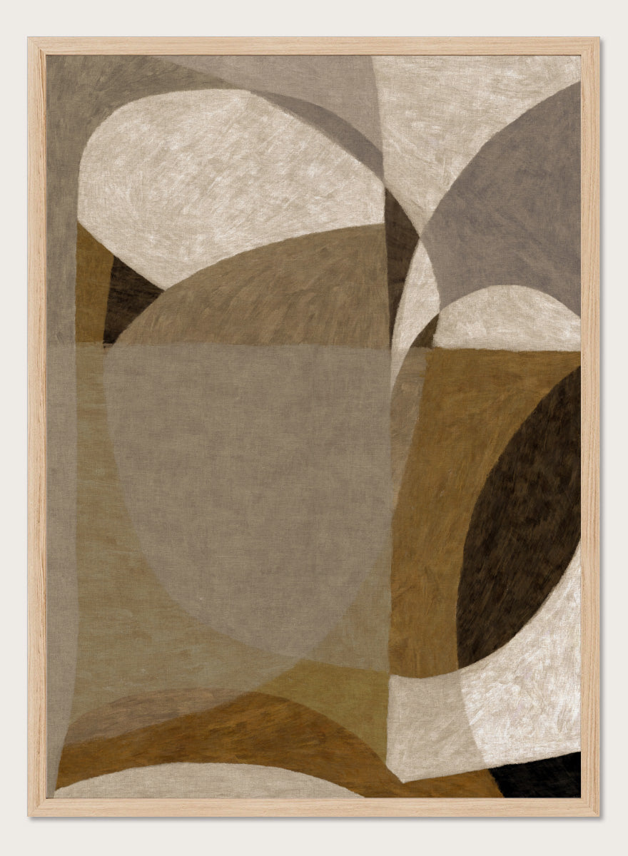 An abstract geometric area rug featuring overlapping organic shapes in shades of taupe, beige, brown, and charcoal gray. Shop Earthy Abstract Shapes by Dan Hobday, a neutral abstract art print featuring layered organic forms, warm earthy tones, and soft textured detail.