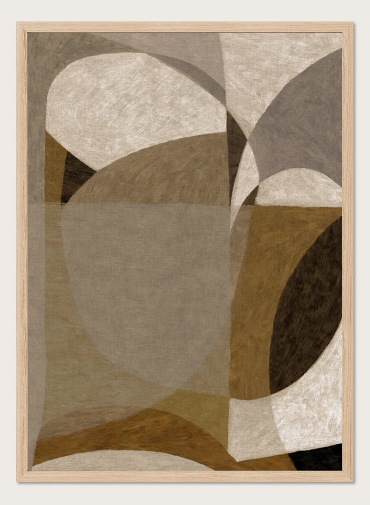 An abstract geometric area rug featuring overlapping organic shapes in shades of taupe, beige, brown, and charcoal gray. Shop Earthy Abstract Shapes by Dan Hobday, a neutral abstract art print featuring layered organic forms, warm earthy tones, and soft textured detail.