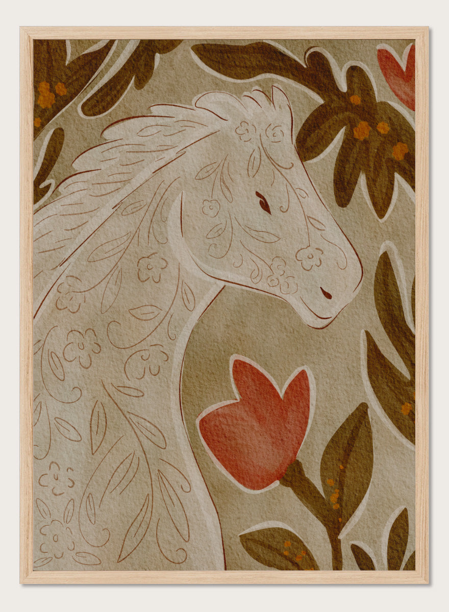 A close-up of a decorative textile or rug pattern featuring a stylized horse head in cream with floral line details, surrounded by brown leaves and a red flower on a beige background. Shop Elegant Floral Horse by Nikita Jariwala, a decorative horse wall art print featuring botanical details, folk-inspired pattern, and warm earthy neutral tones.