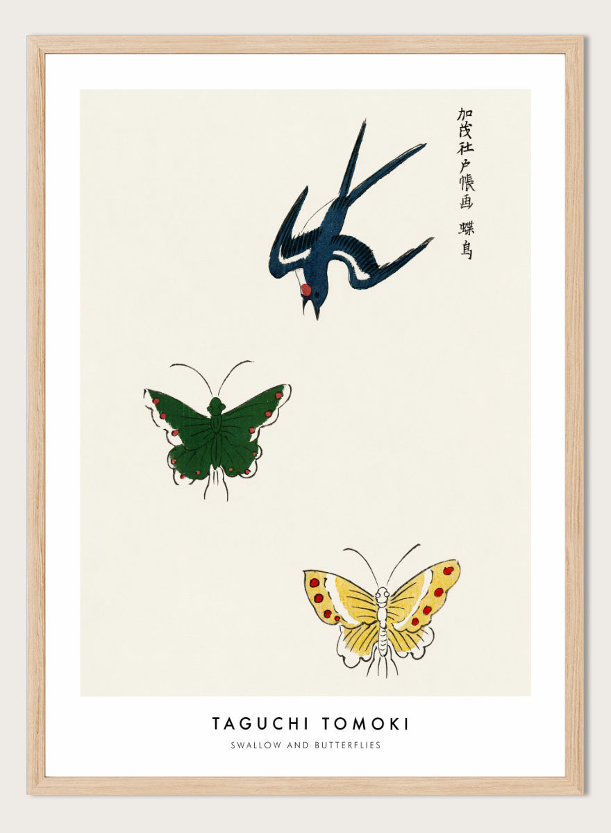 Swallow and Butterflies by Taguchi Tomoki from Yatsuo no Tsubaki is a vintage Japanese woodblock art print featuring a blue swallow and colorful butterflies on warm ivory.