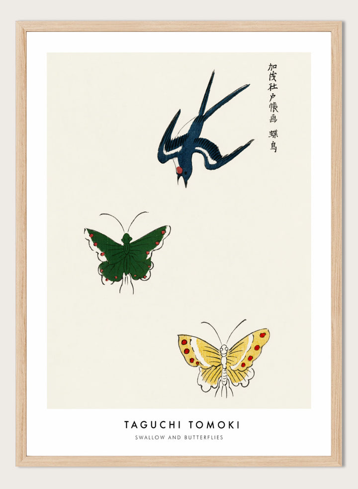 Swallow and Butterflies by Taguchi Tomoki from Yatsuo no Tsubaki is a vintage Japanese woodblock art print featuring a blue swallow and colorful butterflies on warm ivory.