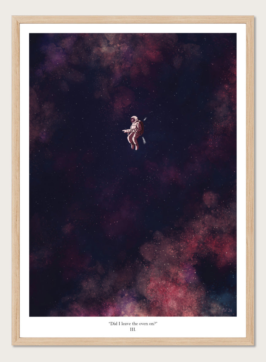 A framed art print featuring an astronaut floating in a starry outer space scene with deep purple, pink, and blue nebulae. The print has a white border with the text &