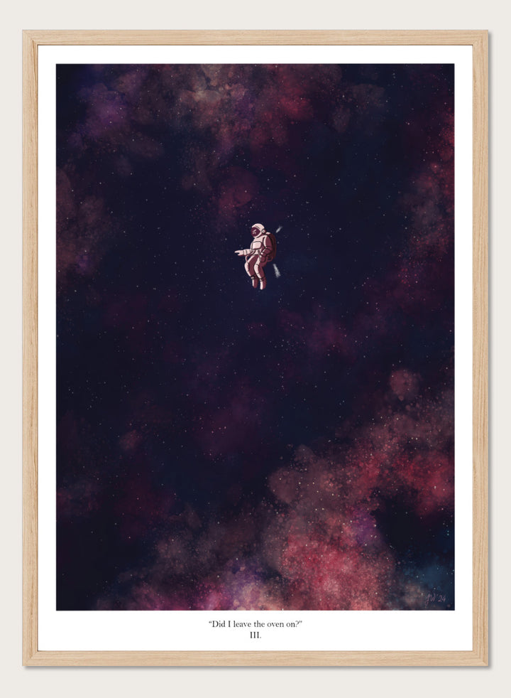 A framed art print featuring an astronaut floating in a starry outer space scene with deep purple, pink, and blue nebulae. The print has a white border with the text &