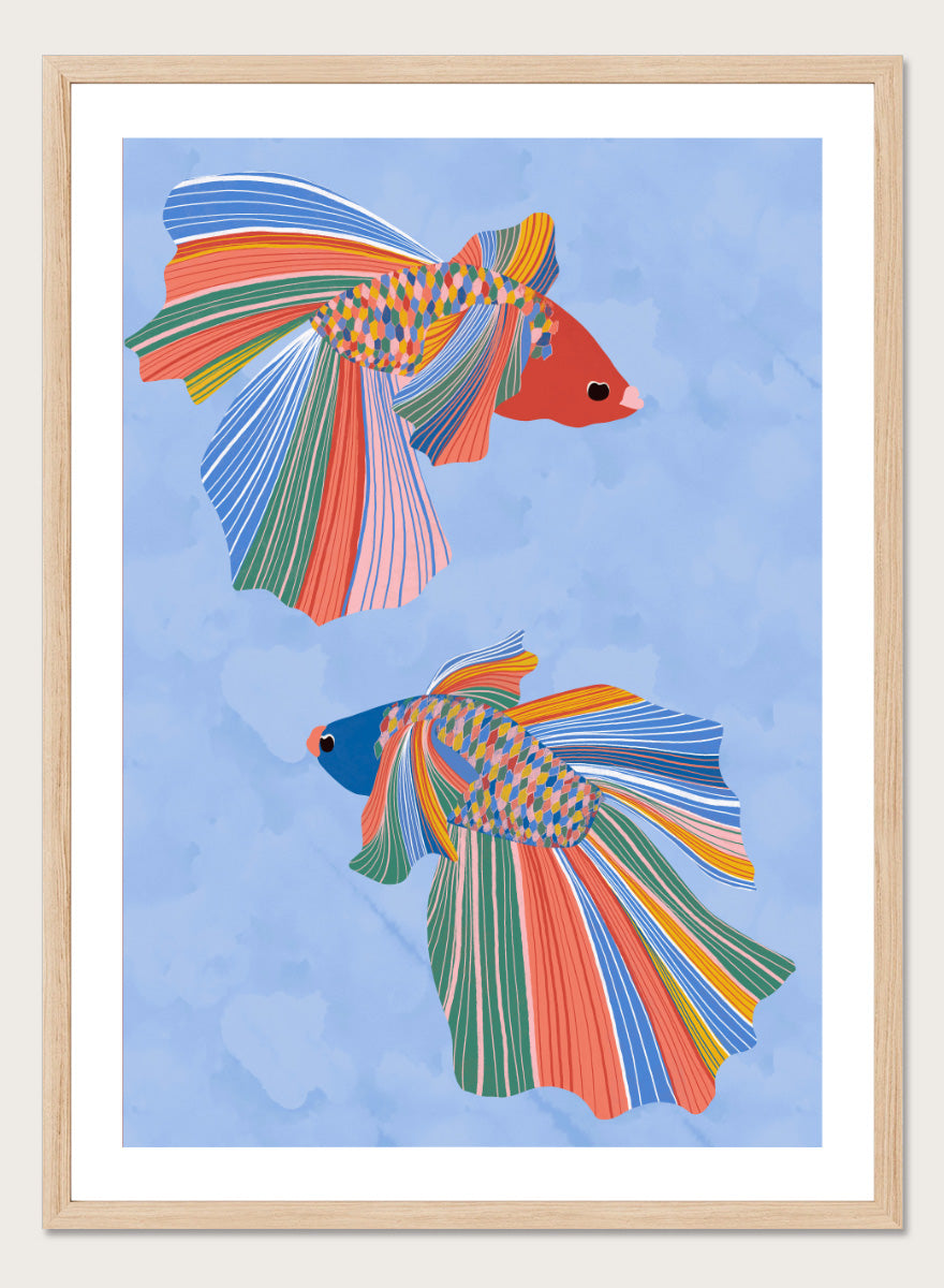 A framed art print featuring two stylized betta fish with vibrant, multicolored striped fins and bodies on a light blue water-like background. Colorful Betta Duo by Ceyda Alasar fish art print featuring two patterned betta fish with flowing fins in bright coral, blue, green, pink, and yellow.
