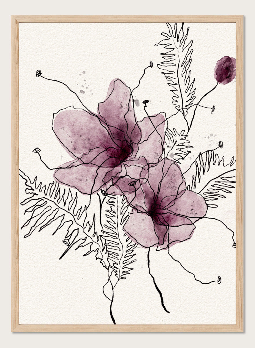 Abstract floral art print featuring two translucent mauve-purple watercolor flower shapes with black line-drawn stems and fern-like leaves on a textured off-white background. Shop Delicate Botanical Outline by Ankie Kooi, a floral wall art print poster with purple watercolor flowers, botanical line art, fern leaves, and cream tones.
