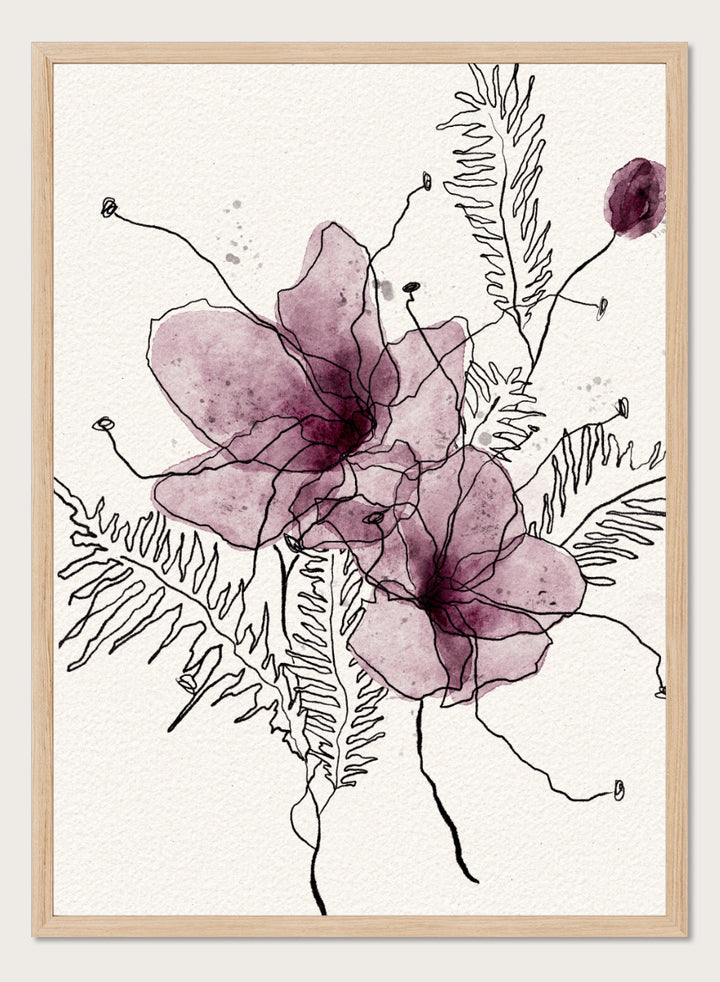 Abstract floral art print featuring two translucent mauve-purple watercolor flower shapes with black line-drawn stems and fern-like leaves on a textured off-white background. Shop Delicate Botanical Outline by Ankie Kooi, a floral wall art print poster with purple watercolor flowers, botanical line art, fern leaves, and cream tones.