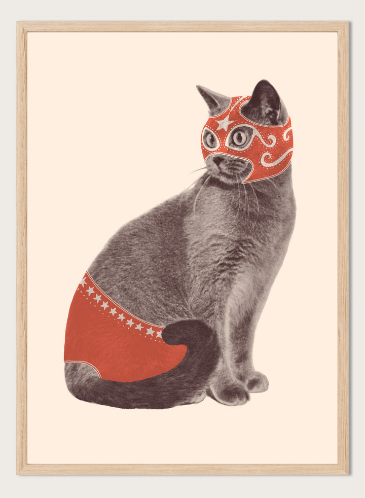 Cat wearing a red mask and underwear on a beige background. Funny Luchador Cat by Florent Bodart is a playful cat art print with bold red mask, a modern wall poster with humorous and surreal animal design.