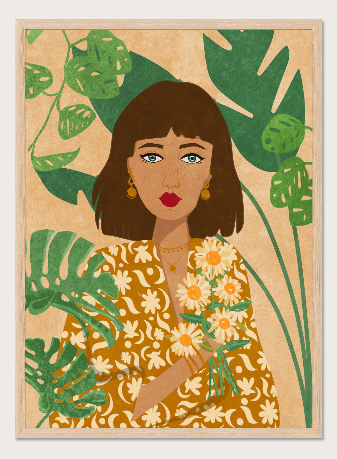 Illustration of a woman holding flowers with green leaves in the background. Plant Lady by Raissa Oltmanns fine art print featuring modern botanical woman portrait with daisies and green leaves, contemporary wall art poster.