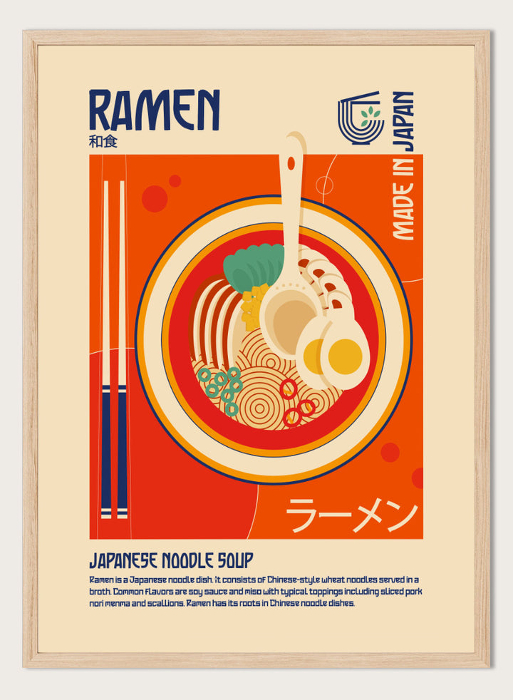 A stylized travel poster of Japanese Ramen noodle soup, featuring a central illustration of a bowl filled with noodles, a soft-boiled egg, green onions, and a ladle, set against a warm orange and beige background with &
