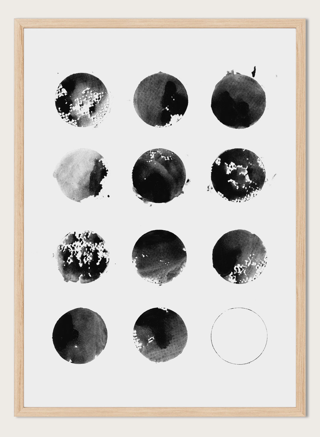 Black and white pattern of circular shapes on a textured background. Fluid Black Circles by Florent Bodart is a minimalist abstract art print with black ink circles, a modern black and white wall poster with graphic grid design.