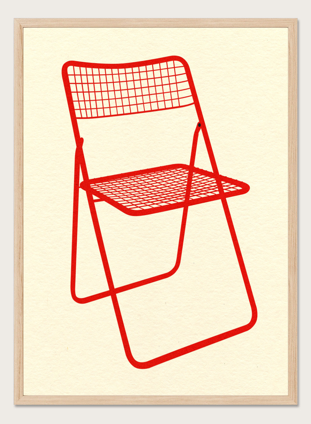 Red metal chair on a beige background. Modern chair wall art print by Rosi Feist featuring a bold red wire net chair illustration. Contemporary minimalist poster for design lovers.