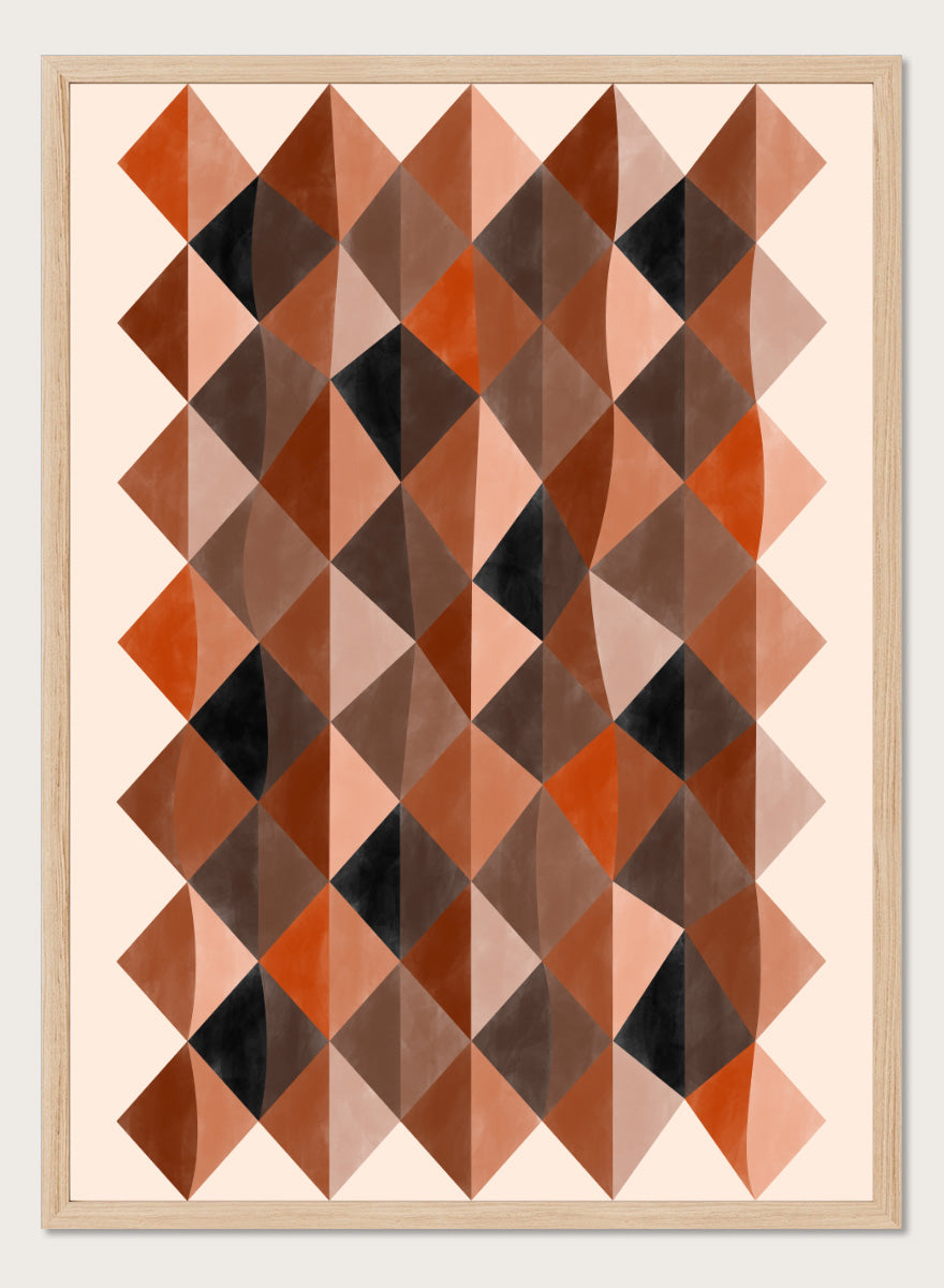 Shop Warm Earthy Geometry by Elena Ristova, a modern abstract wall art print poster featuring layered diamond patterns in rust, brown, cream, pink, and black.