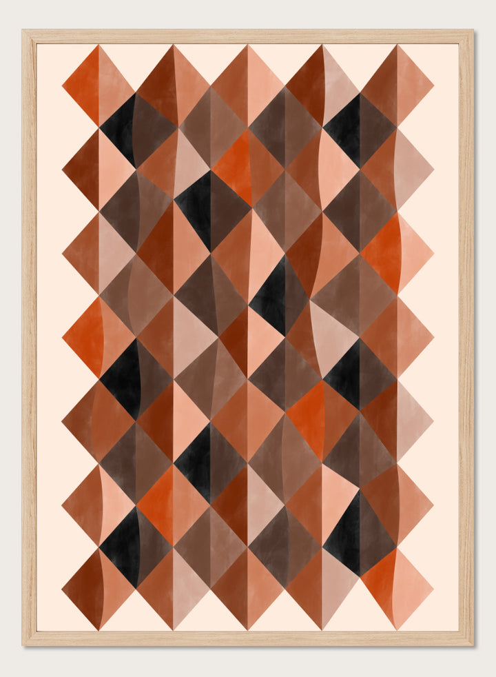 Shop Warm Earthy Geometry by Elena Ristova, a modern abstract wall art print poster featuring layered diamond patterns in rust, brown, cream, pink, and black.