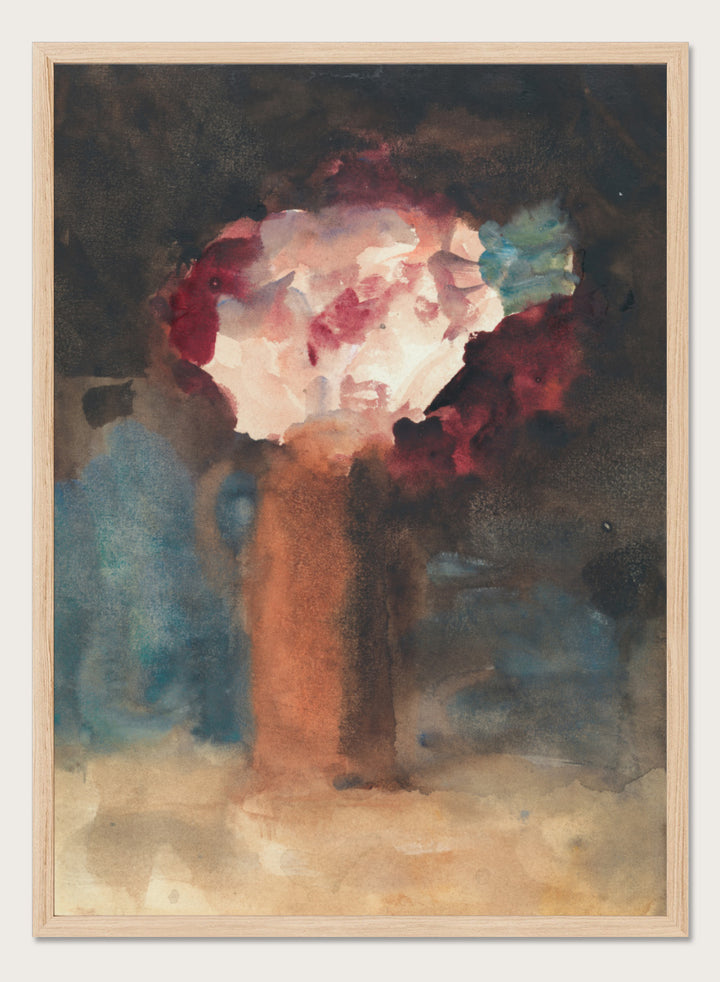 An abstract watercolor painting of a vase with flowers, featuring a warm terracotta-brown vase and a bouquet of white, red, and blue blossoms against a dark, textured background. Roses by Hercules Brabazon Brabazon is a vintage floral art print featuring pink and red roses in a terracotta vase with a dark, moody background.