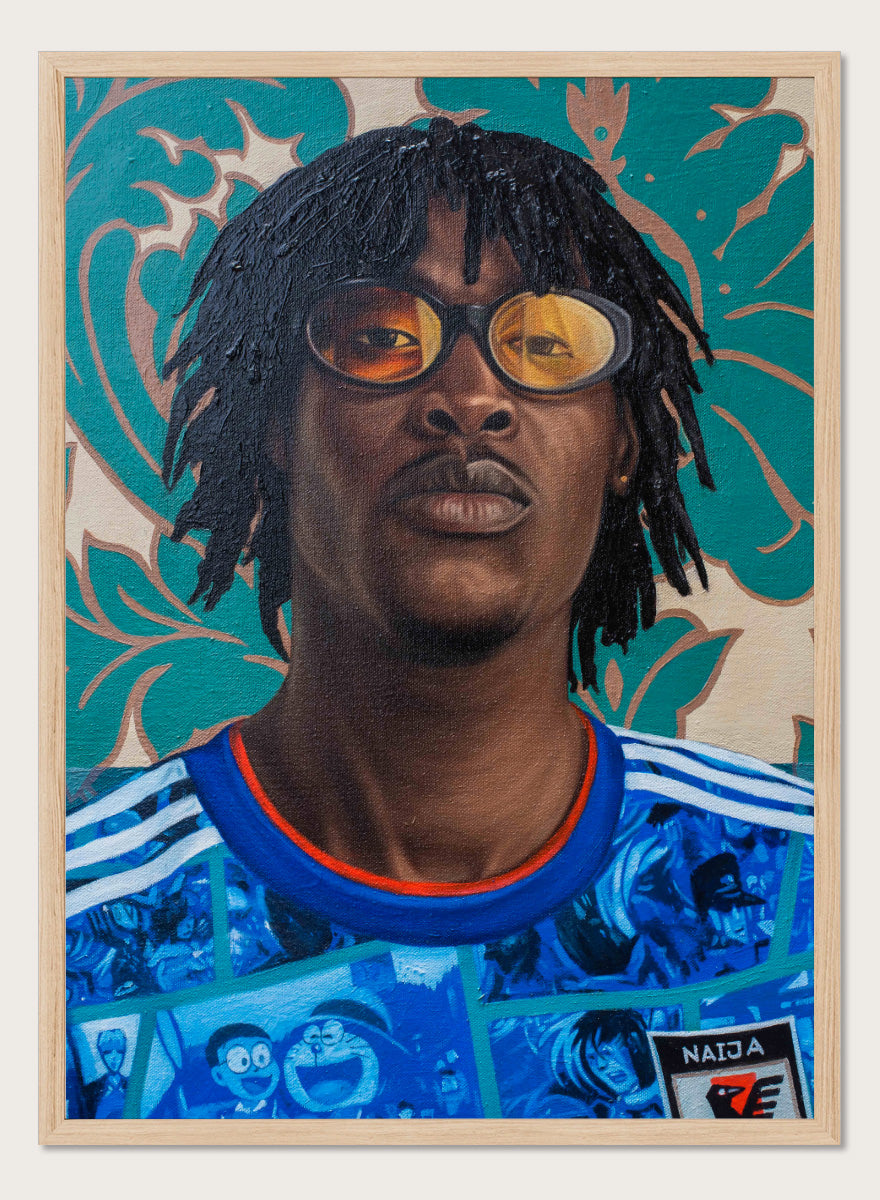 A portrait painting of a Black man with dreadlocks and round glasses, wearing a blue patterned shirt with white stripes and a red collar, set against a teal and beige floral background. Shop Stylish Man in Anime Jersey by Damilare Jamiu, a contemporary portrait art print blending anime fashion, bold blue color, amber glasses, and ornate pattern.