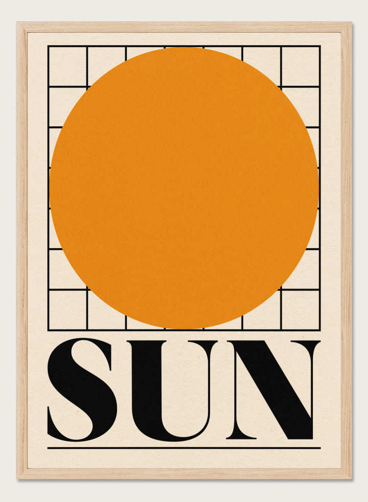 Poster with a large orange circle and the word 'SUN' on a beige background. Sun by Rosi Feist is a bold minimalist Bauhaus-inspired art print featuring an orange circle and graphic grid. Officially licensed modern poster with framing.