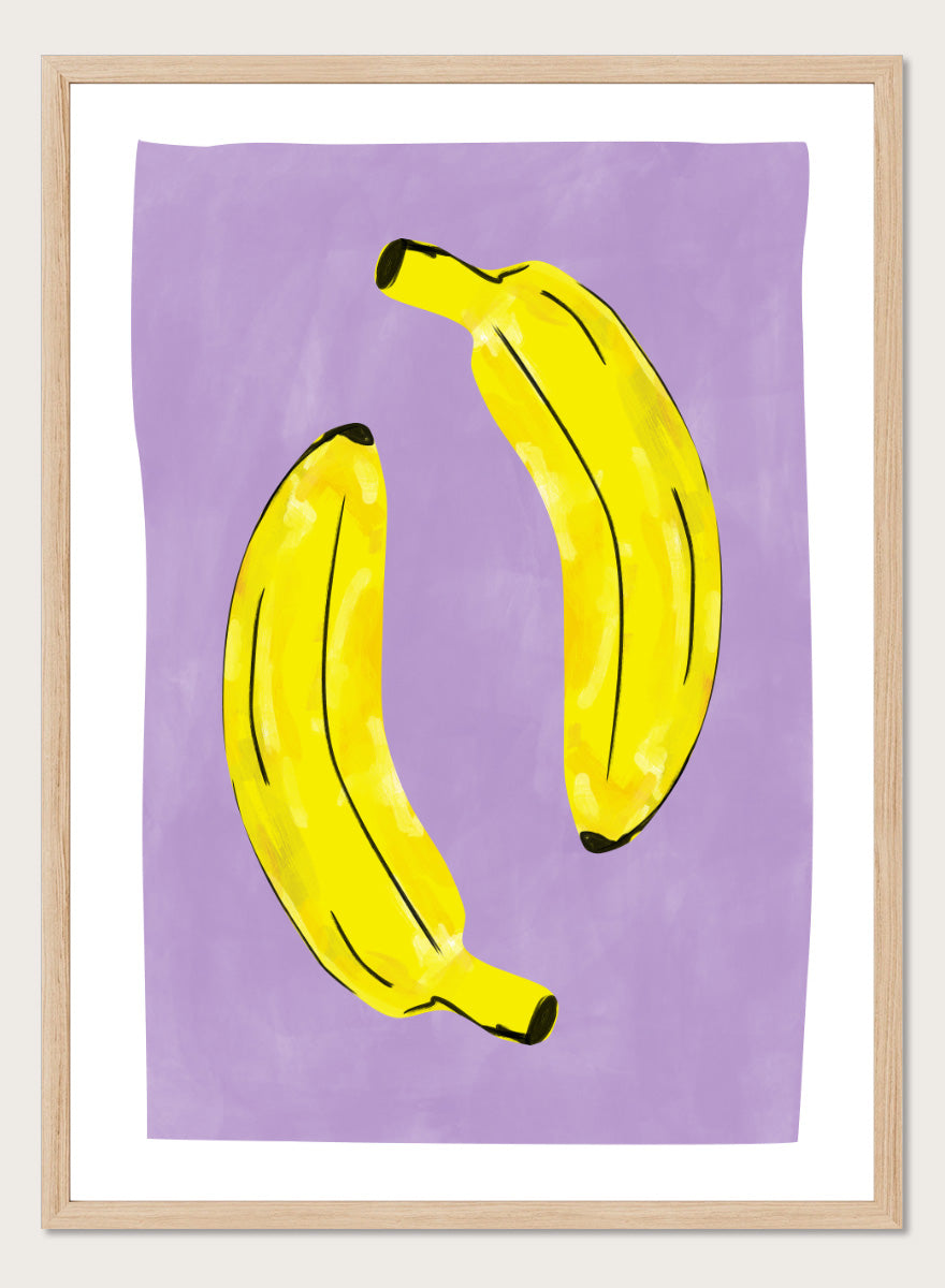 Shop Playful Purple Bananas by Elena Ristova, a colorful banana wall art print poster featuring two bright yellow bananas on a soft purple background with bold black details.