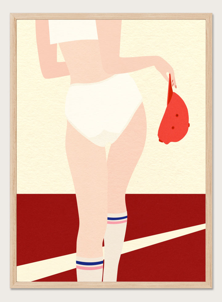 Illustration of a person in a white panty with a red cap on a beige and red background. Panties Socks Cap by Rosi Feist is a modern fashion art print with sporty minimalism, bold color blocking, and contemporary graphic poster style.