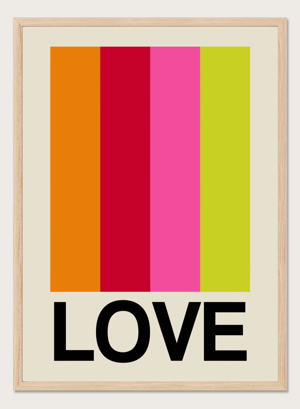 Colorful striped poster with the word 'LOVE' on a beige background. Retro Stripe LOVE Fruit by Frances Collett features colorful vertical stripes and bold LOVE typography. Officially licensed modern graphic art print with optional framing.