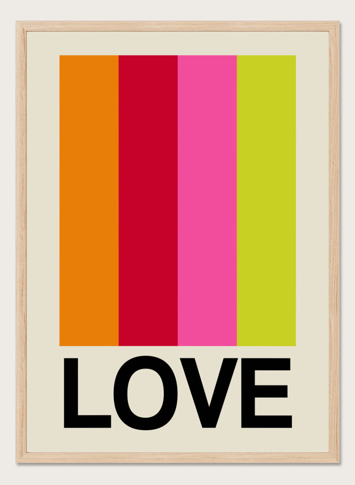 Colorful striped poster with the word 'LOVE' on a beige background. Retro Stripe LOVE Fruit by Frances Collett features colorful vertical stripes and bold LOVE typography. Officially licensed modern graphic art print with optional framing.