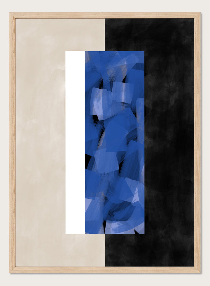 Shop Geometric Blue Layers by Elena Ristova, a modern abstract wall art print poster featuring layered cobalt brushwork, cream blocks, and bold black contrast.