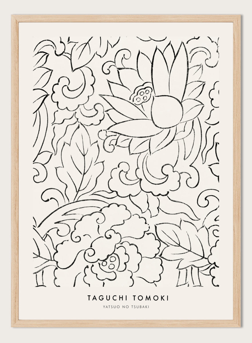 Floral Yatsuo no Tsubaki by Taguchi Tomoki is a vintage Japanese woodblock art print featuring stylized flowers, curling leaves, and elegant black linework.
