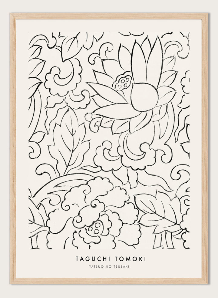 Floral Yatsuo no Tsubaki by Taguchi Tomoki is a vintage Japanese woodblock art print featuring stylized flowers, curling leaves, and elegant black linework.