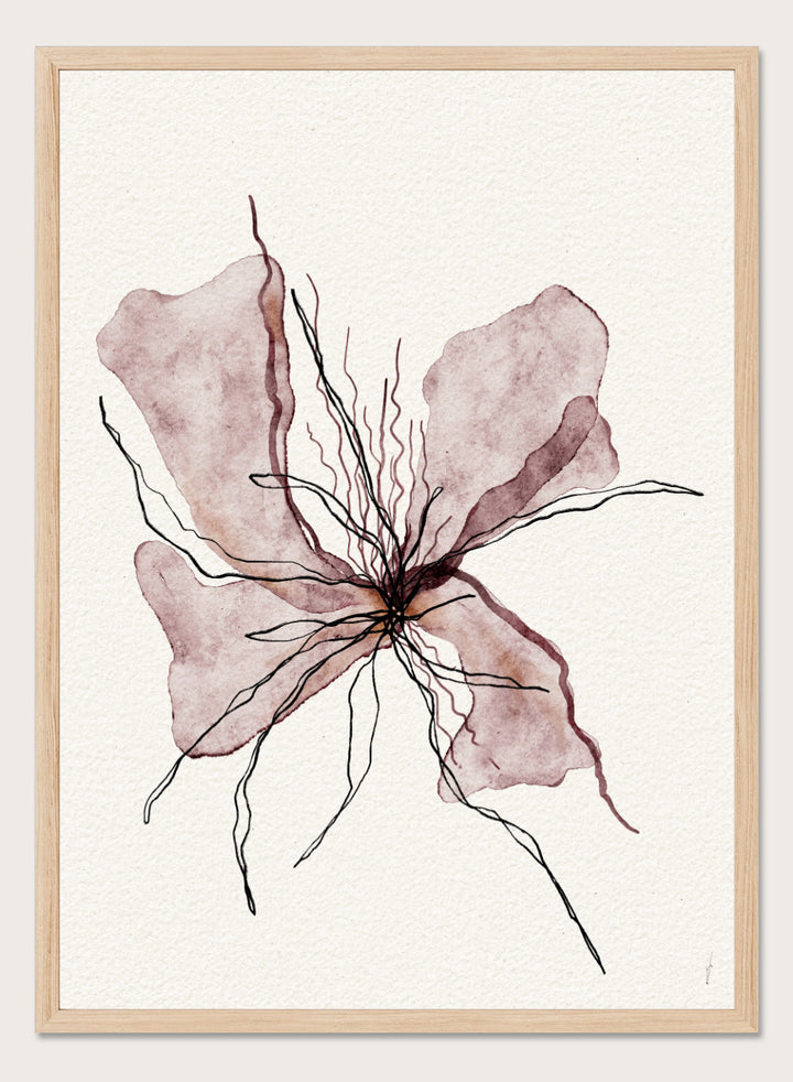 Booming Blooming by Ankie Kooi features an abstract flower illustration with soft watercolor petals and fine line details. Minimal botanical art print inspired by nature and growth.