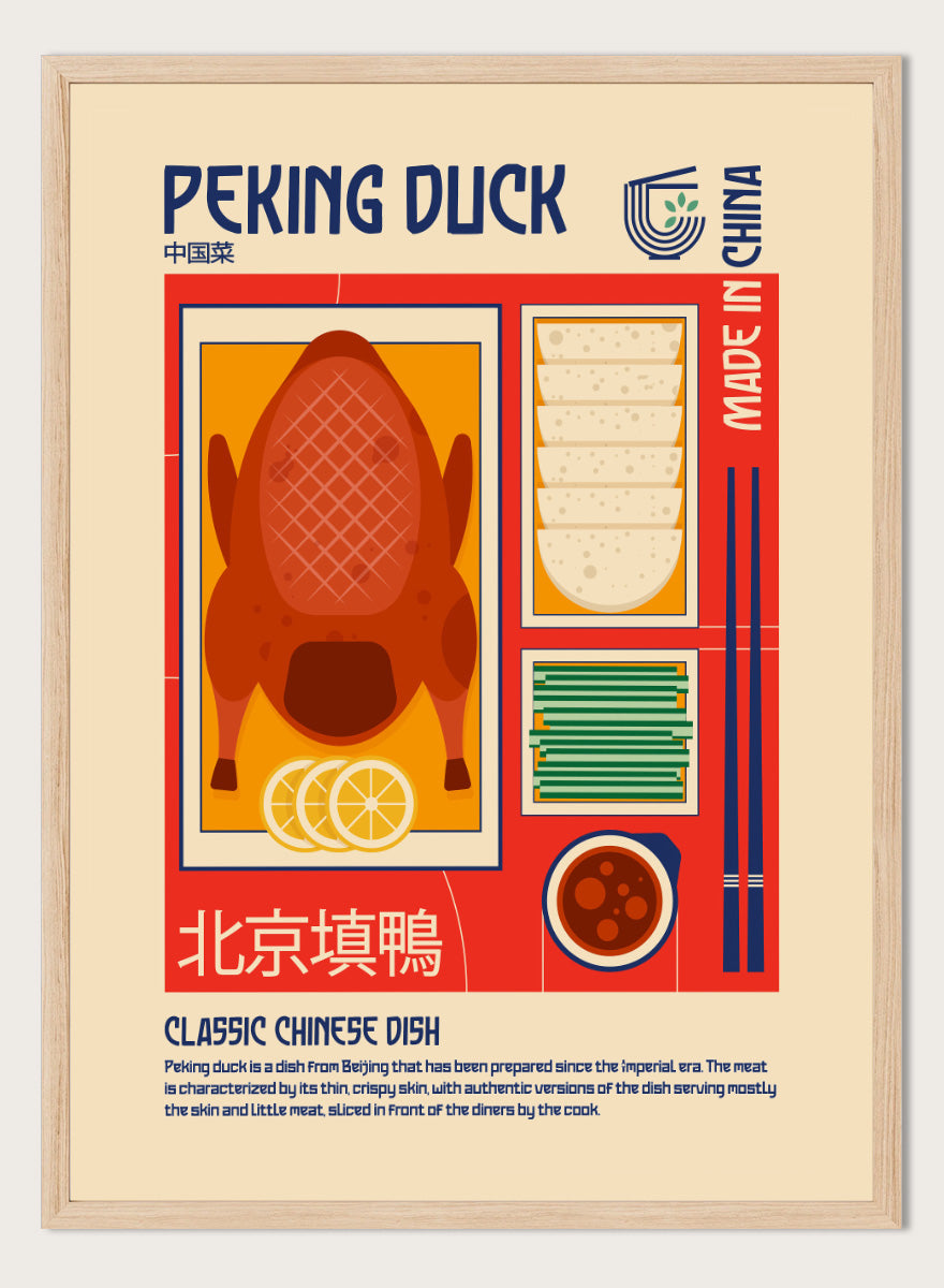 A stylized travel poster of Peking Duck, featuring a large illustration of a roasted duck, steamed buns, chopsticks, and a bowl of sauce on a beige background with red and blue graphic borders. Classic Peking Duck by Retrodrome retro kitchen art featuring Peking duck, pancakes, scallions, dipping sauce, Chinese typography, and bold vintage color.
