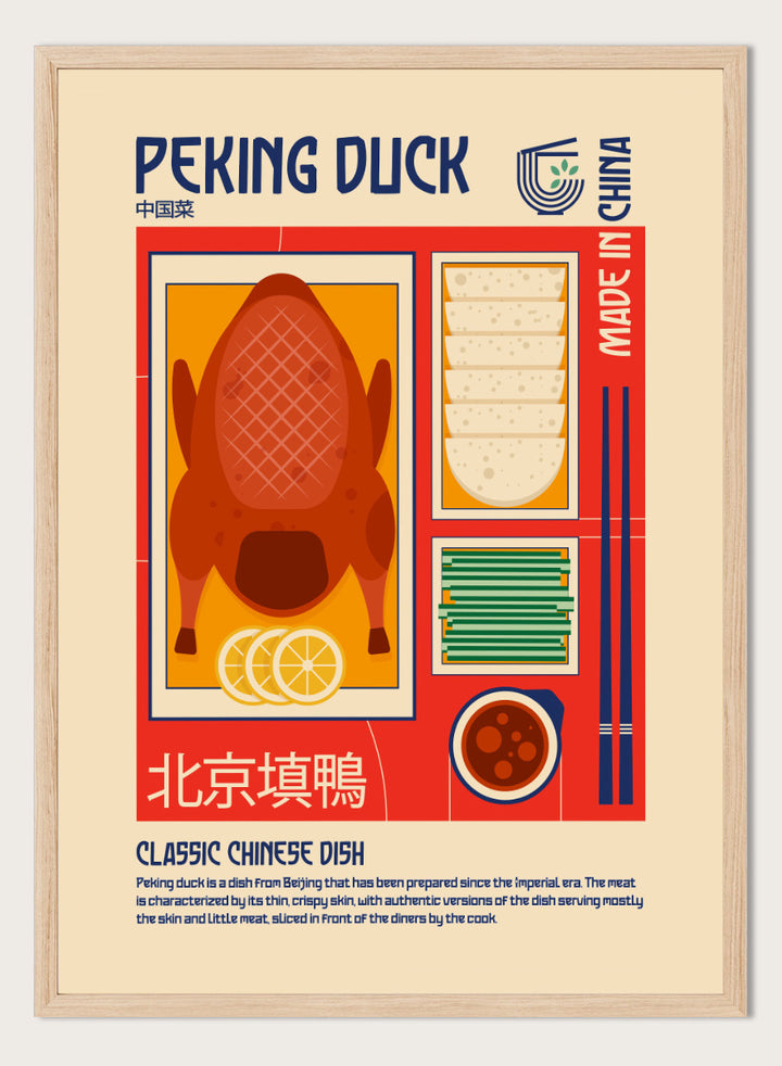 A stylized travel poster of Peking Duck, featuring a large illustration of a roasted duck, steamed buns, chopsticks, and a bowl of sauce on a beige background with red and blue graphic borders. Classic Peking Duck by Retrodrome retro kitchen art featuring Peking duck, pancakes, scallions, dipping sauce, Chinese typography, and bold vintage color.