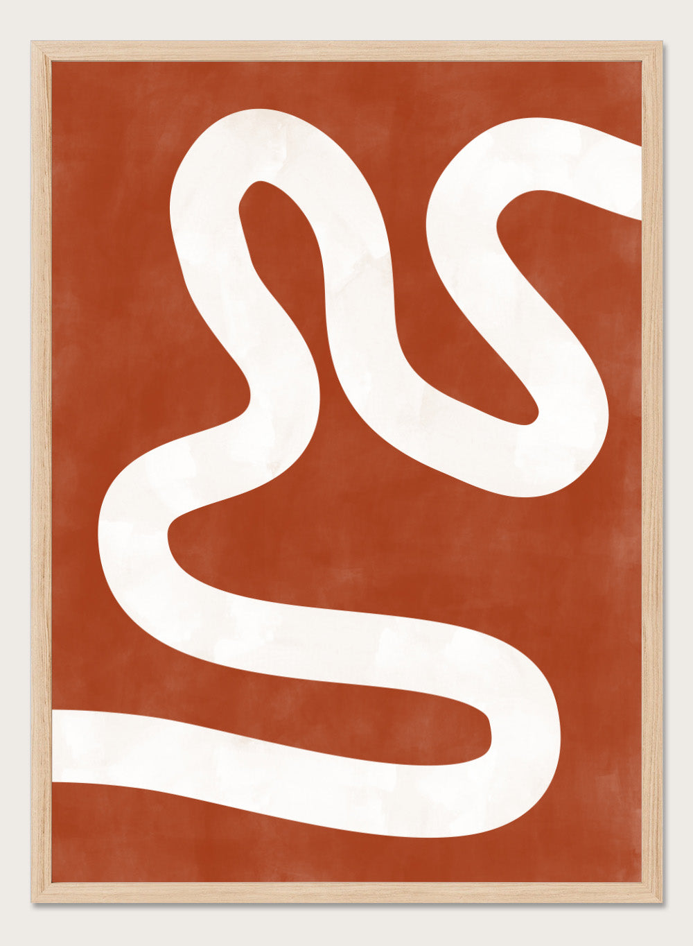 White wavy line on a red background. Crimson Pathways art print by Elena Ristova featuring a flowing white abstract line on a rust red background. Officially licensed modern abstract wall poster.