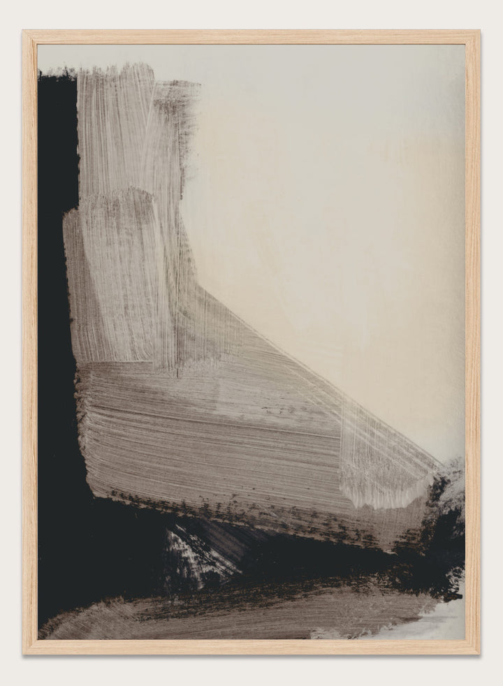 Shop Mellow No. 02 by Dan Hobday, a contemporary abstract art print featuring taupe, cream, and black forms with bold layered brush texture.