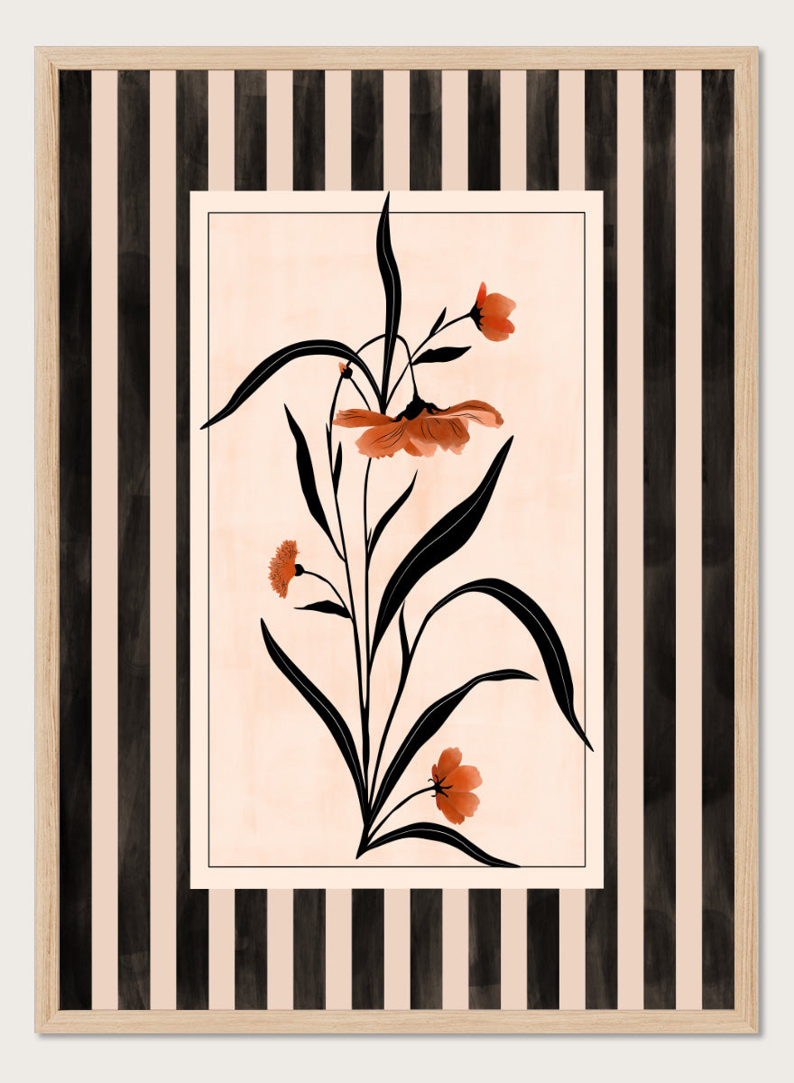 Shop Terracotta Floral Stripes by Elena Ristova, a modern floral wall art print poster featuring terracotta flowers, black leaves, and bold striped borders.
