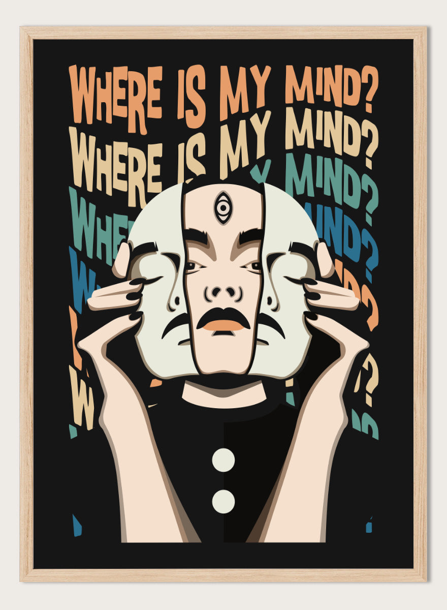 A stylized graphic art print featuring a person in a black outfit holding a white mask in front of their face, with the text &